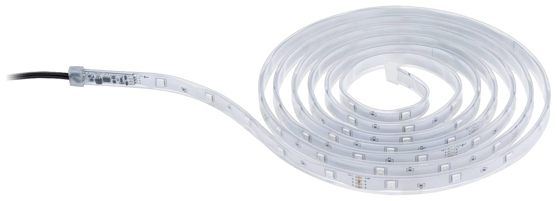 Zvit LED-trak z vidnimi svetlečimi diodami vzdolž bele površine. Levo je pritrjen priključni kabel.
