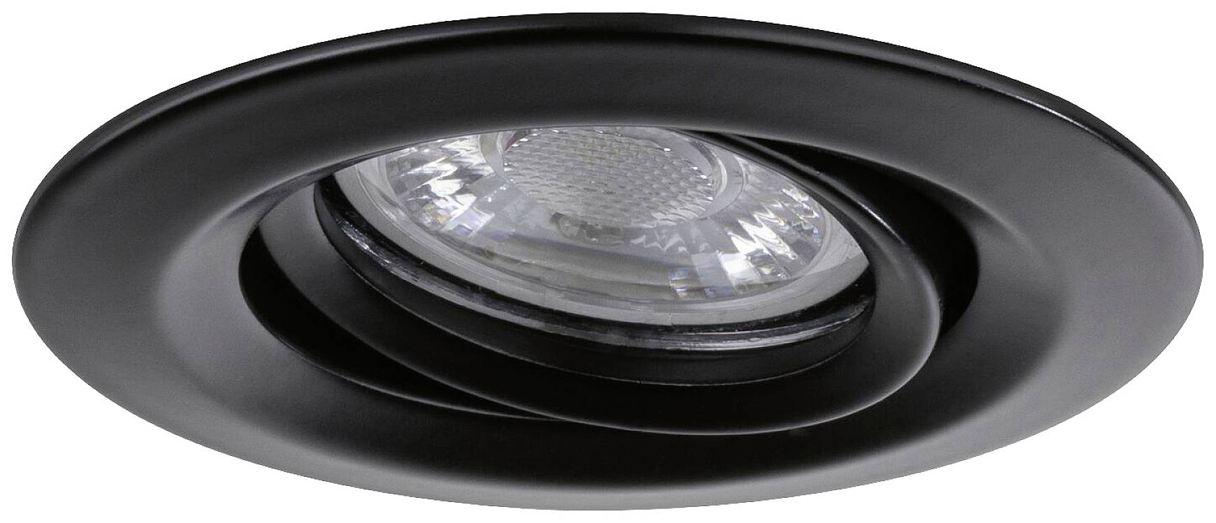 Črni stropni reflektor z nagibnim mehanizmom in vgrajeno LED-svetilko za sodobno notranjo osvetlitev.
