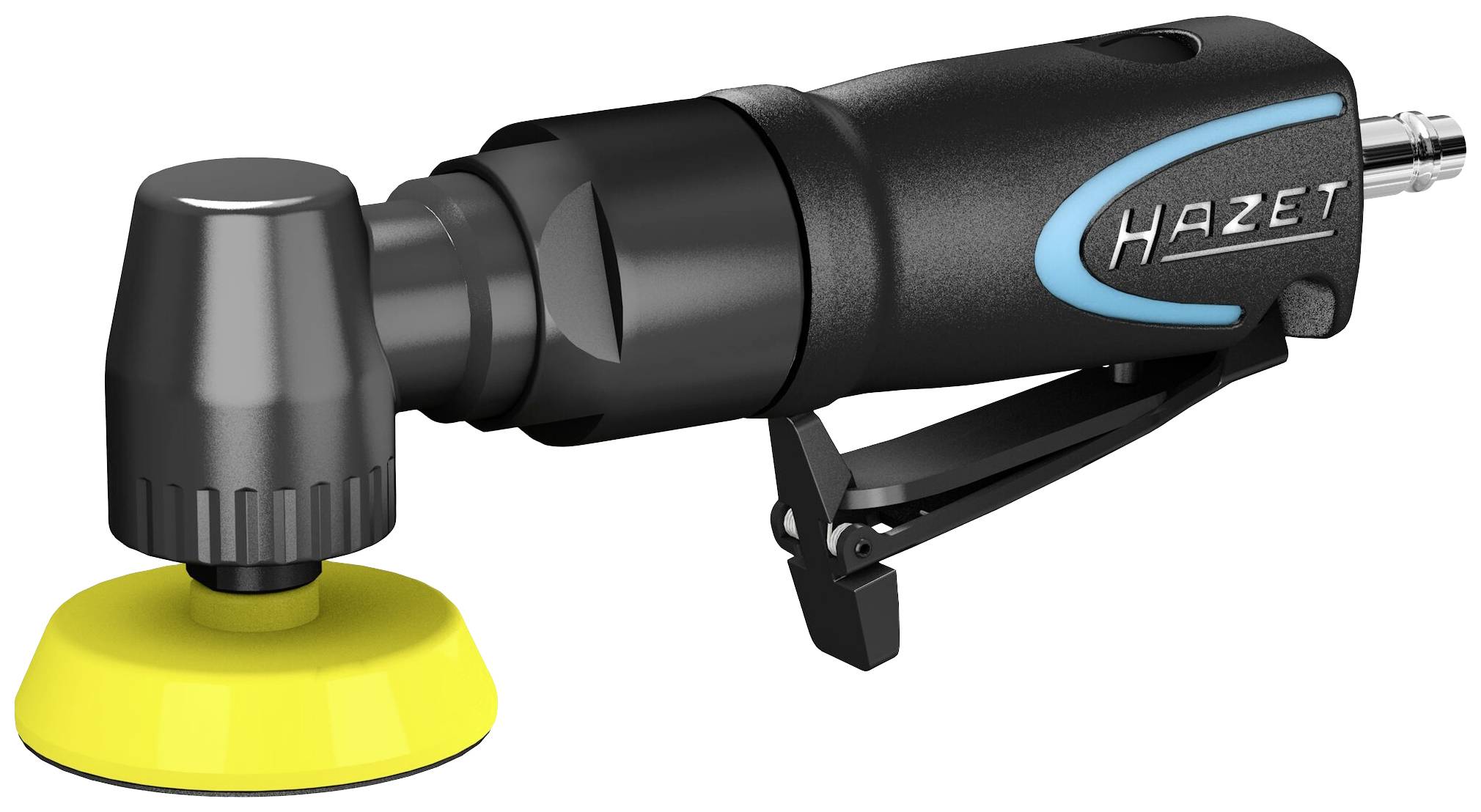 Pnevmatski brusilnik Hazet z rumenim brusilnim listom. Kompakten dizajn, primeren za natančna brušenja v delavnicah.