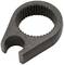 Slika prikazuje zoban kovinski obročni ključ, ki ustreza ročaju vijaka ali matice.