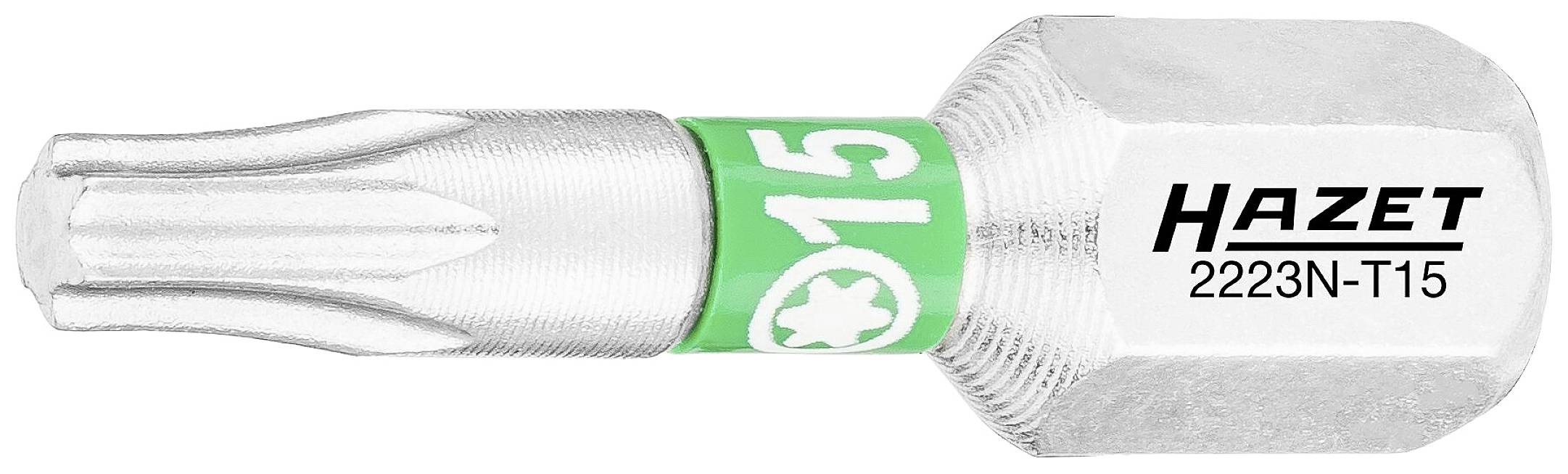 Srebrn Torx bit znamke Hazet, model 2223N-T15, z zeleno in belo nalepko, na kateri piše '15'.