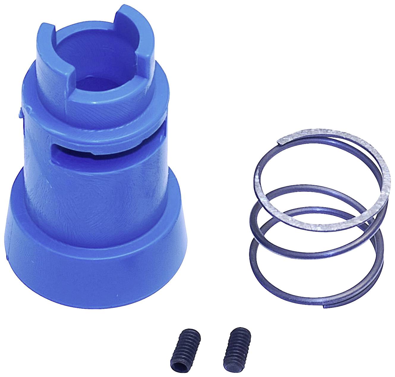 Modra plastična komponenta s spiralno vzmetjo in dvema majhnima črnima vijakoma na beli podlagi.