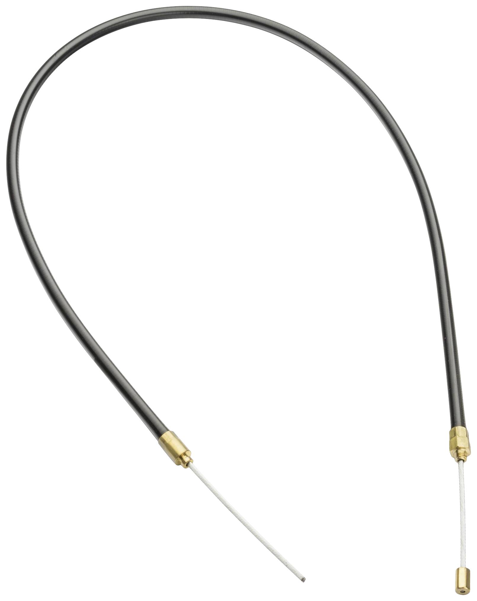 Črn, ukrivljen kabel z zlatimi priključki na obeh koncih, na beli podlagi.