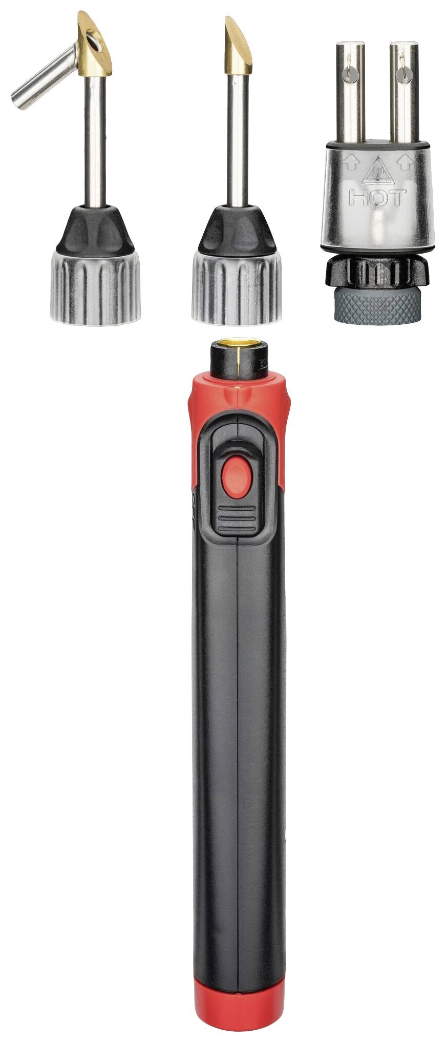 Črn in rdeč spajkalnik s tremi različnimi nastavki za spajkanje, primeren za elektronska dela in popravila.
