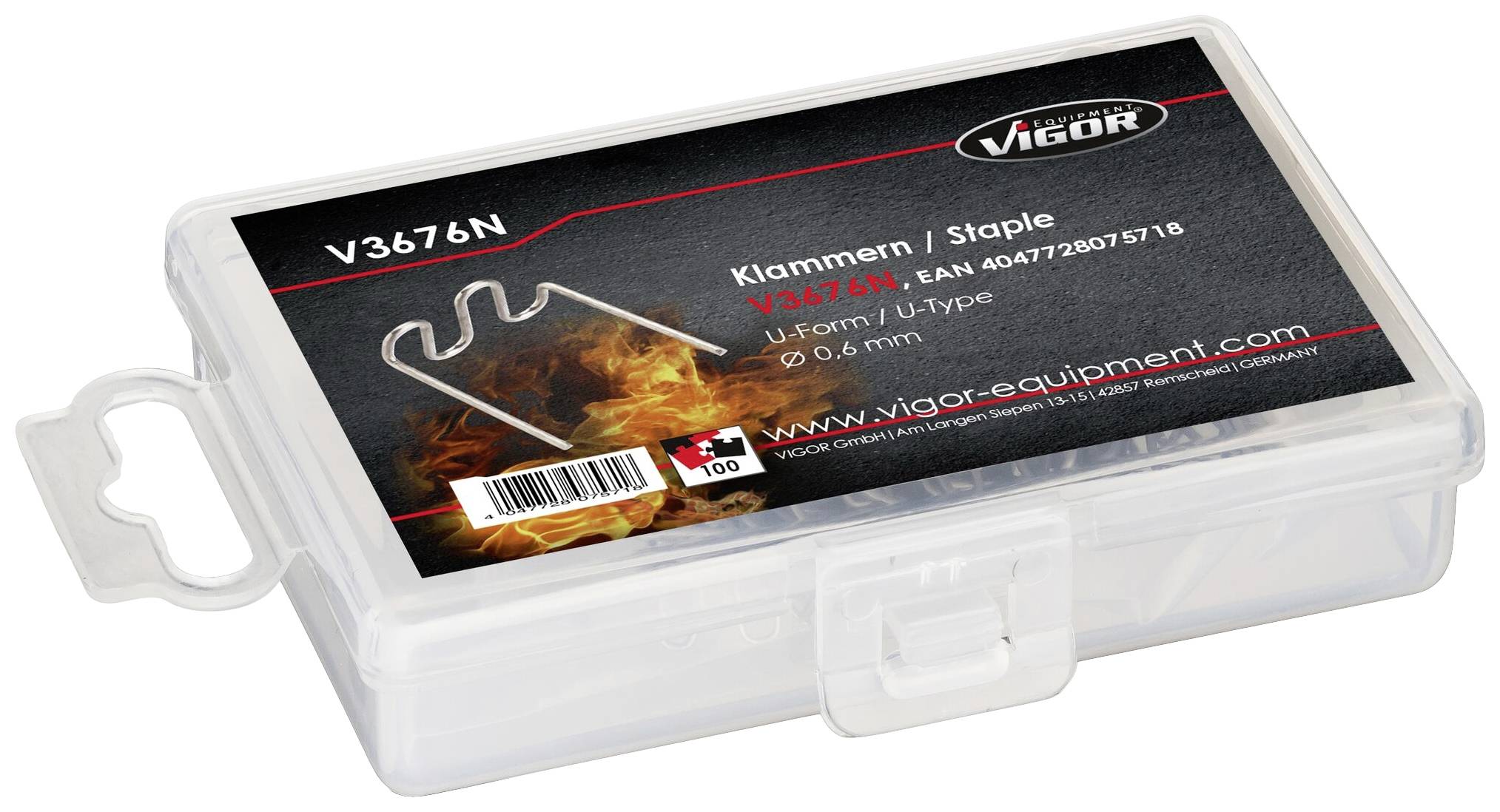 Prozorna plastična škatla z napisom 'Sponke V3676N, U-oblika, 0,6 mm'. Vsebuje 100 sponk.