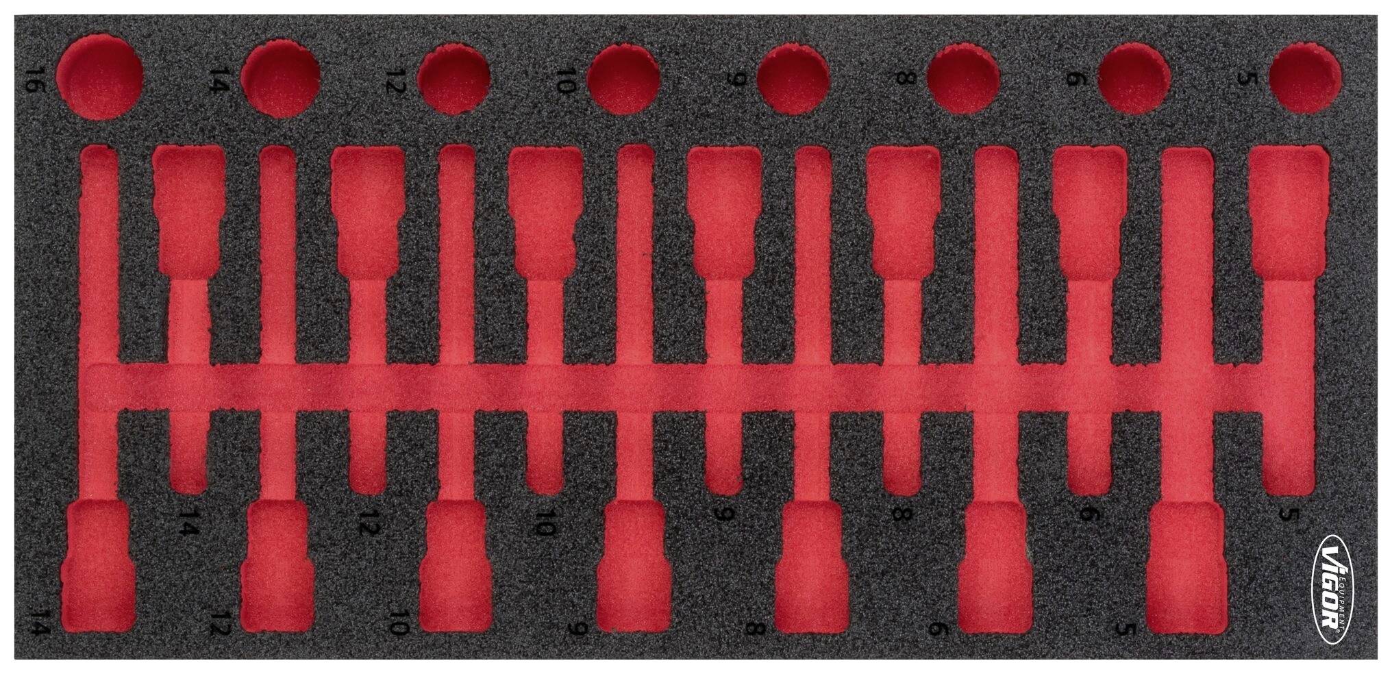 Penasta vložka z izrezi za vijačne ključe, oštevilčena od 6 do 19. Logotip blagovne znamke spodaj desno.