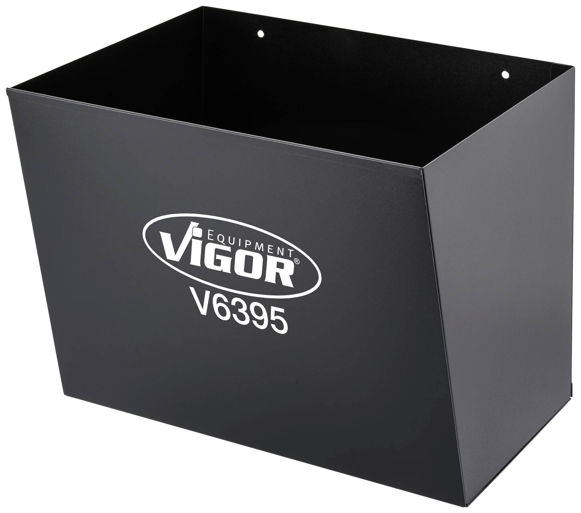 Črna kovinska stenska polica z napisom 'VIGOR EQUIPMENT V6395'. Pravokotne oblike, primerna za shranjevanje orodja.