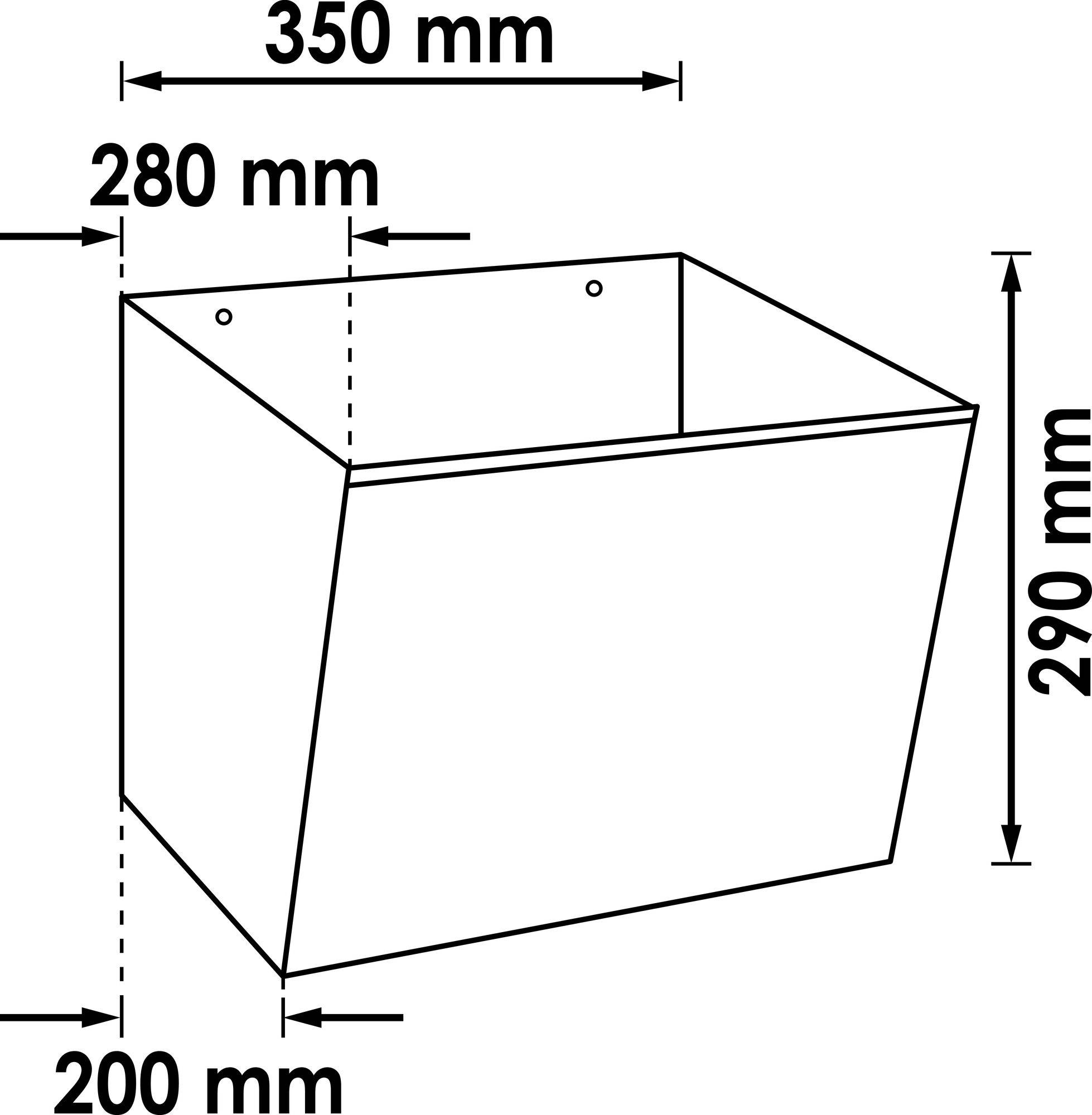 Prikazan je pravokoten zaboj z naslednjimi dimenzijami: širina 350 mm, globina 200 mm, višina 290 mm, naklon 280 mm.