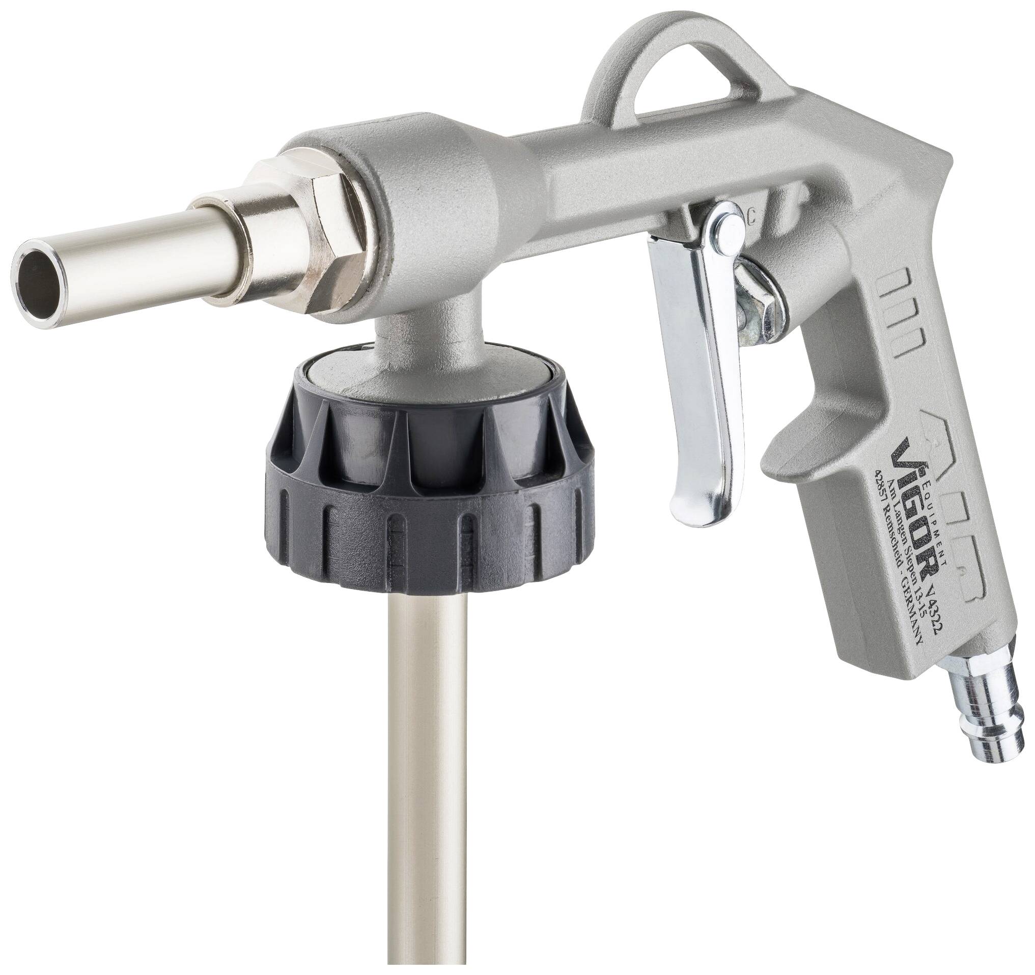 Kovinska pnevmatska pištola z črnim zaščitnim nastavkom in velikostjo sprožilca, primerna za natančno čiščenje s stisnjenim zrakom.