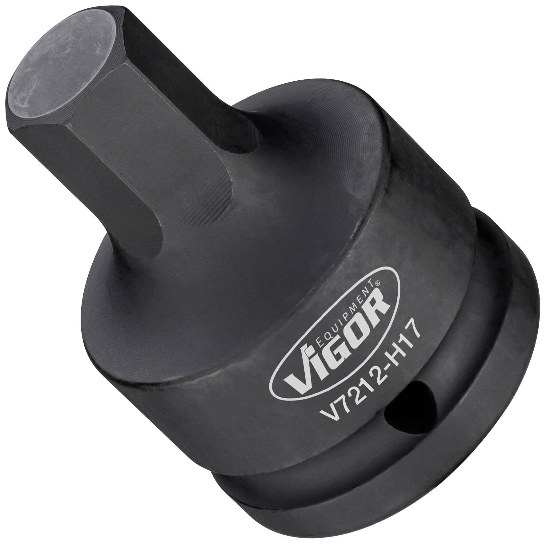 Adapter za sisteme z vtičnimi ključi, šesterorobi, iz črnega kovinskega materiala, z oznako 'Vigor V7212-H17' na strani.