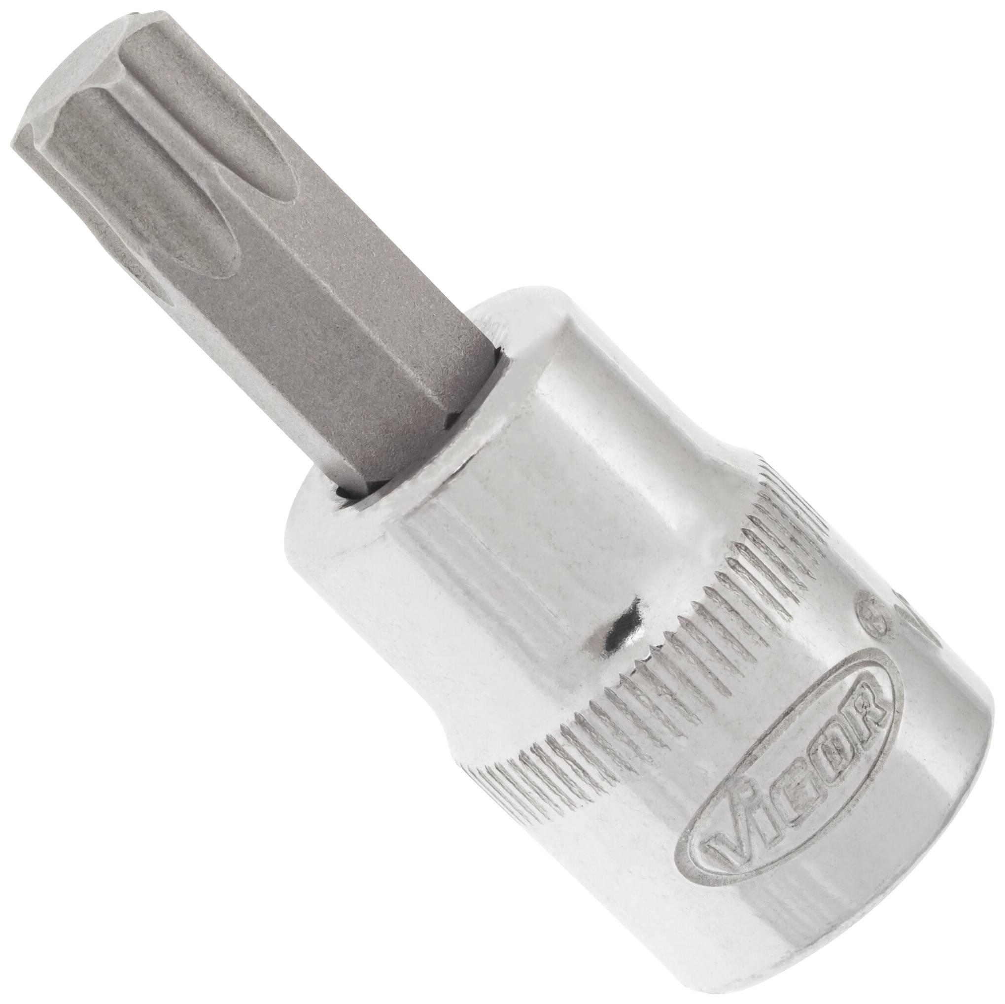 Kovinski nastavek za izvijač s Torx glavo, srebrne barve, z vgrajenim logotipom na ročaju.
