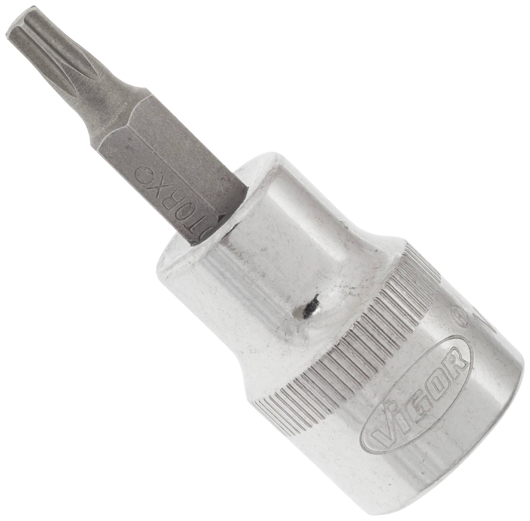 Srebrn Torx bit, označen z 'TORX', za vijačenje. Logotip VIEROR vtisnjen na kovinski tulec.