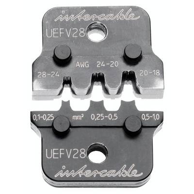 Dva crimp nastavka z napisom 'intercable UEFV28'. Zgoraj: AWG velikosti 28-24, 24-20, 20-18. Spodaj: mm² velikosti 0,1-0,25, 0,25-0,5, 0,5-1,0.