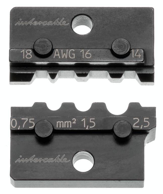 'Komplet krivljnih čeljusti z oznakami: Zgoraj so navedene debeline žic 18, 16, 14 AWG, spodaj pa prečni prerezi 0,75, 1,5, 2,5 mm².'