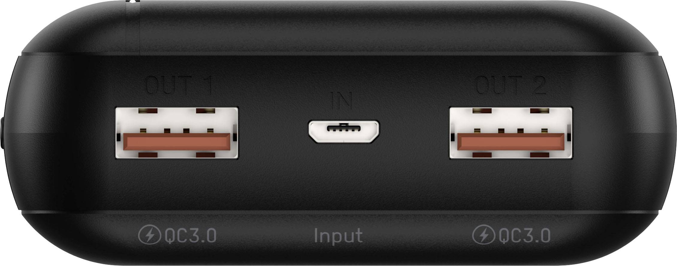 Črna elektronska naprava z dvema USB izhodoma in Mini-USB vhodom, označena z 'QC3.0' in 'Input'.