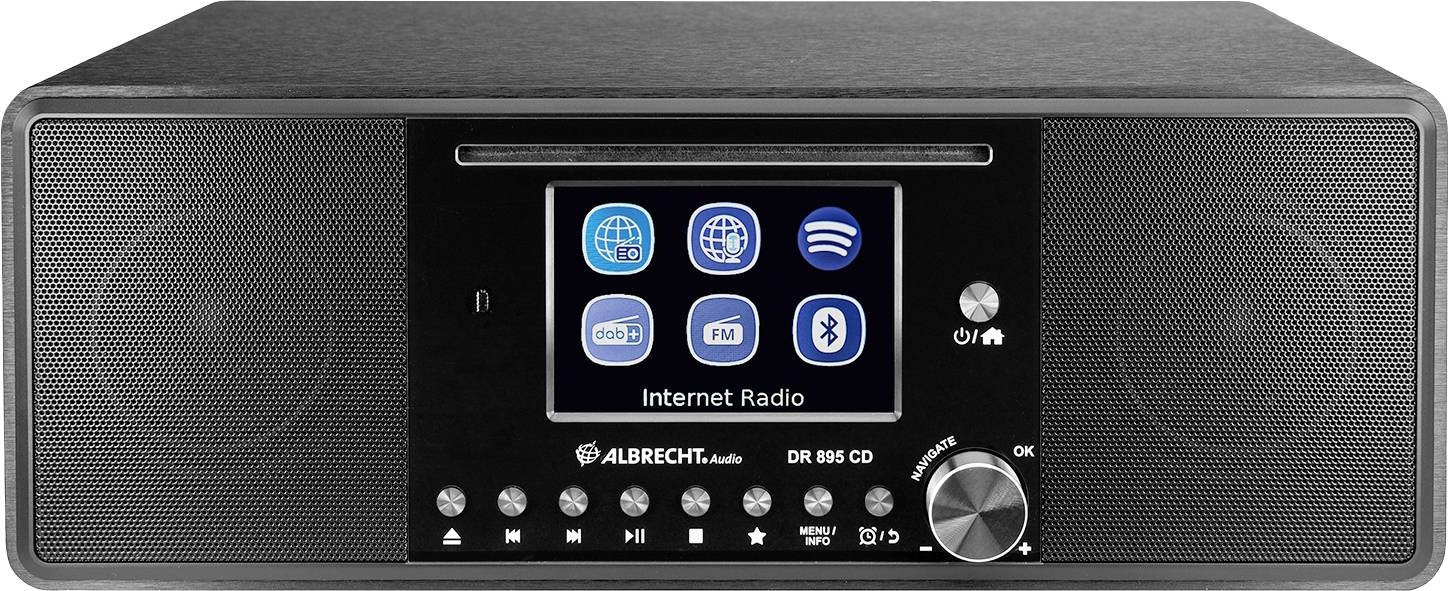 Internetni radio z zvočniki, kjer zaslon prikazuje različne simbole za funkcije, kot so internet, WLAN, Bluetooth in FM-radio.