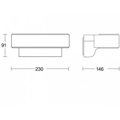 Stranski pogled in čelni pogled pravokotne stenske nosilne konzole. Mere: širina 230 mm, globina 146 mm, višina 91 mm.