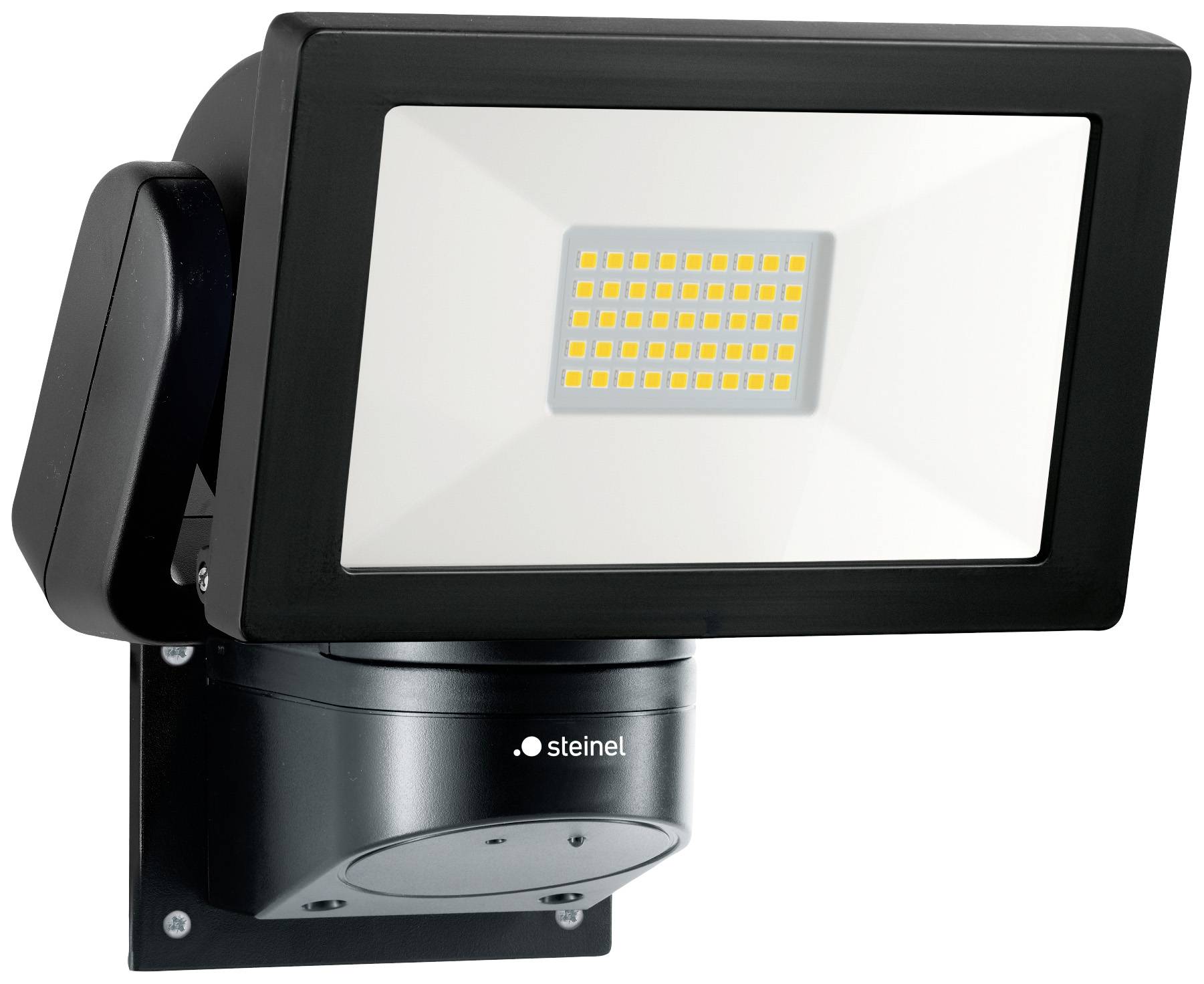 Črni LED-reflektor s senzorjem za stensko montažo, kvadratasta svetilka z rumenimi LED-diodami, primerna za zunanjo razsvetljavo.