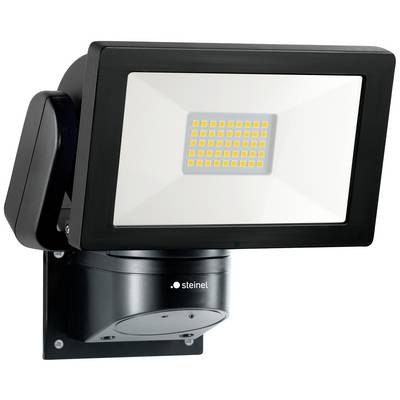 Črni LED-reflektor s senzorjem za stensko montažo, kvadratasta svetilka z rumenimi LED-diodami, primerna za zunanjo razsvetljavo.