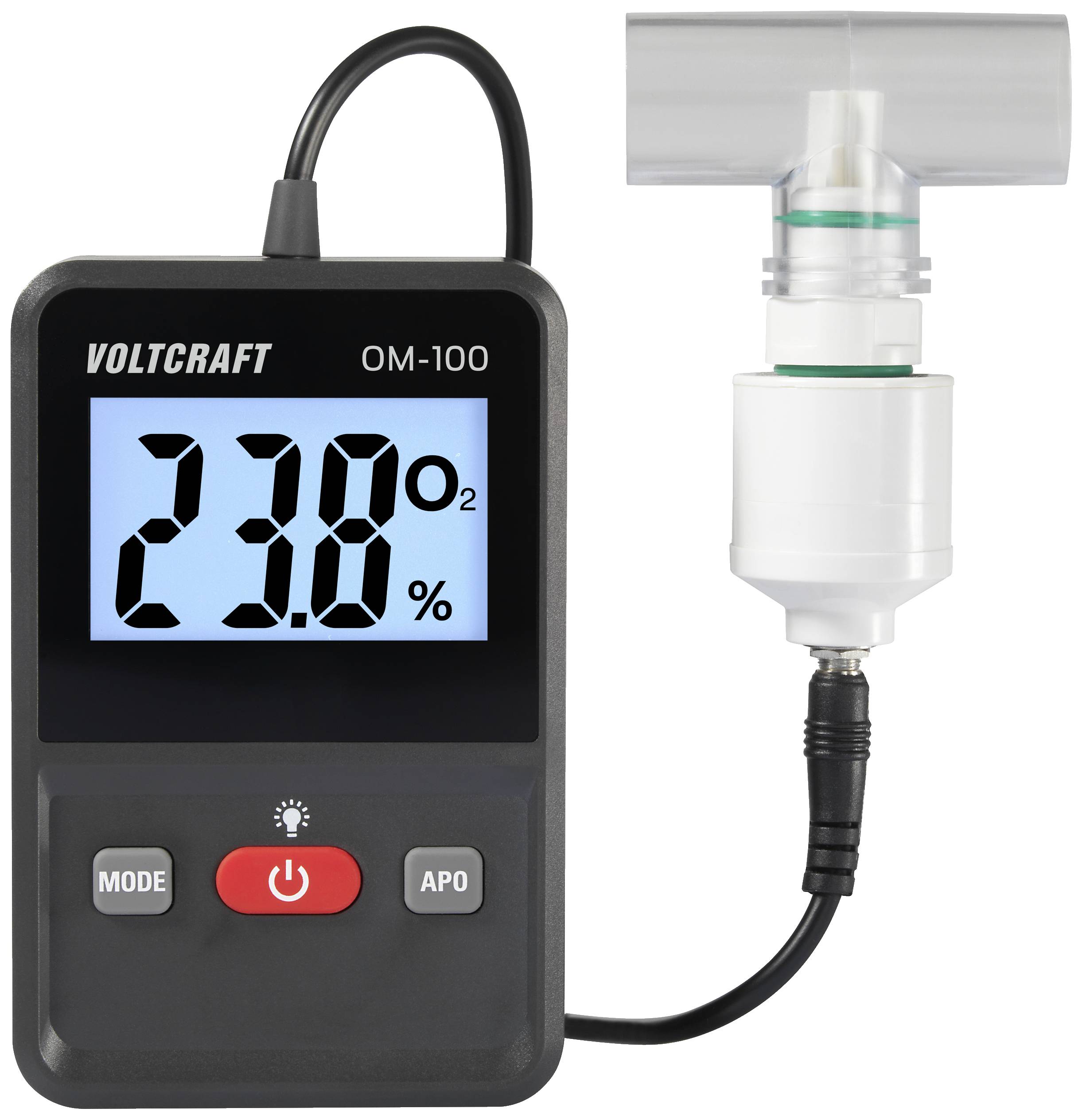 Digitalni merilnik kisika z zaslonom prikazuje '23,8% O2'. Na desni strani je priključen senzor. Blagovna znamka: Voltcraft OM-100.