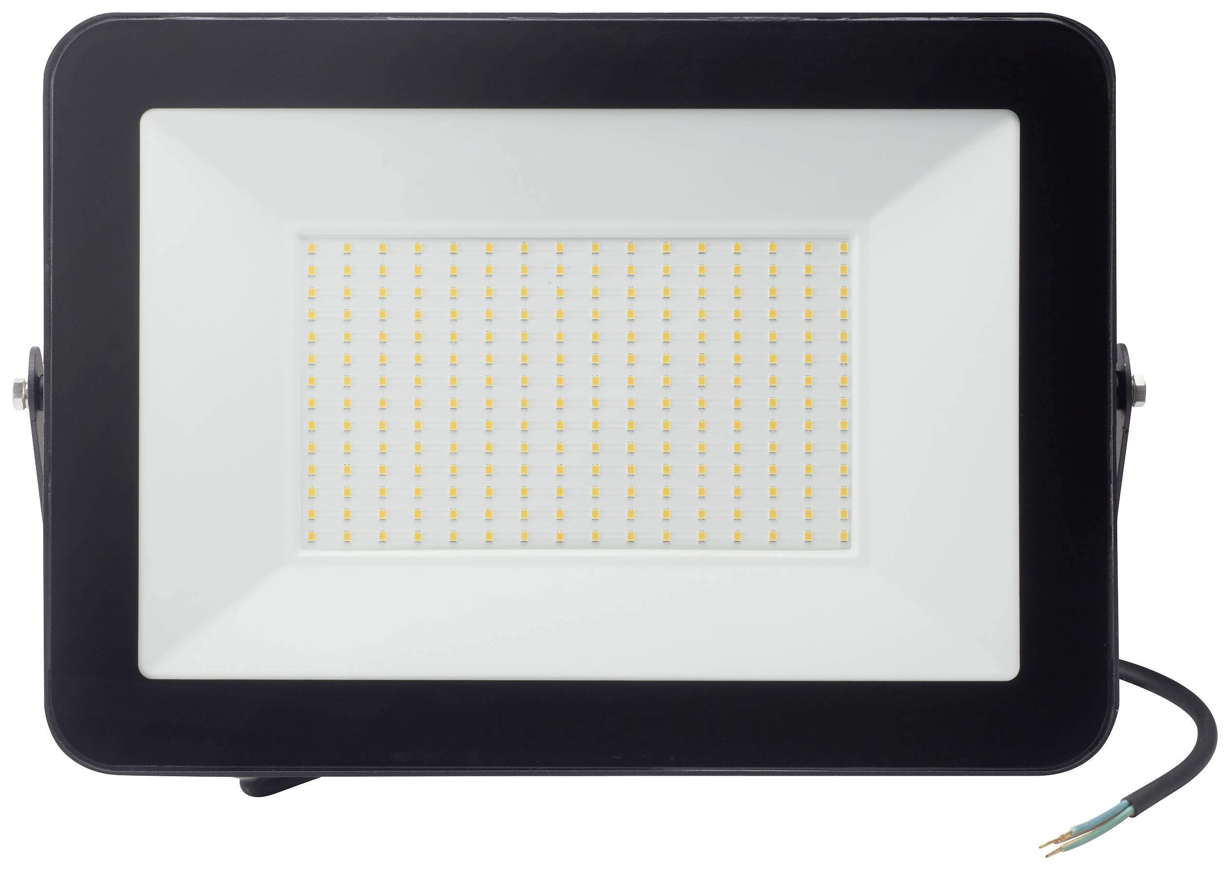LED-reflektorska luč, pravokotne oblike, obrobljena s črno, z velikim številom majhnih rumenih svetlobnih točk na beli podlagi.