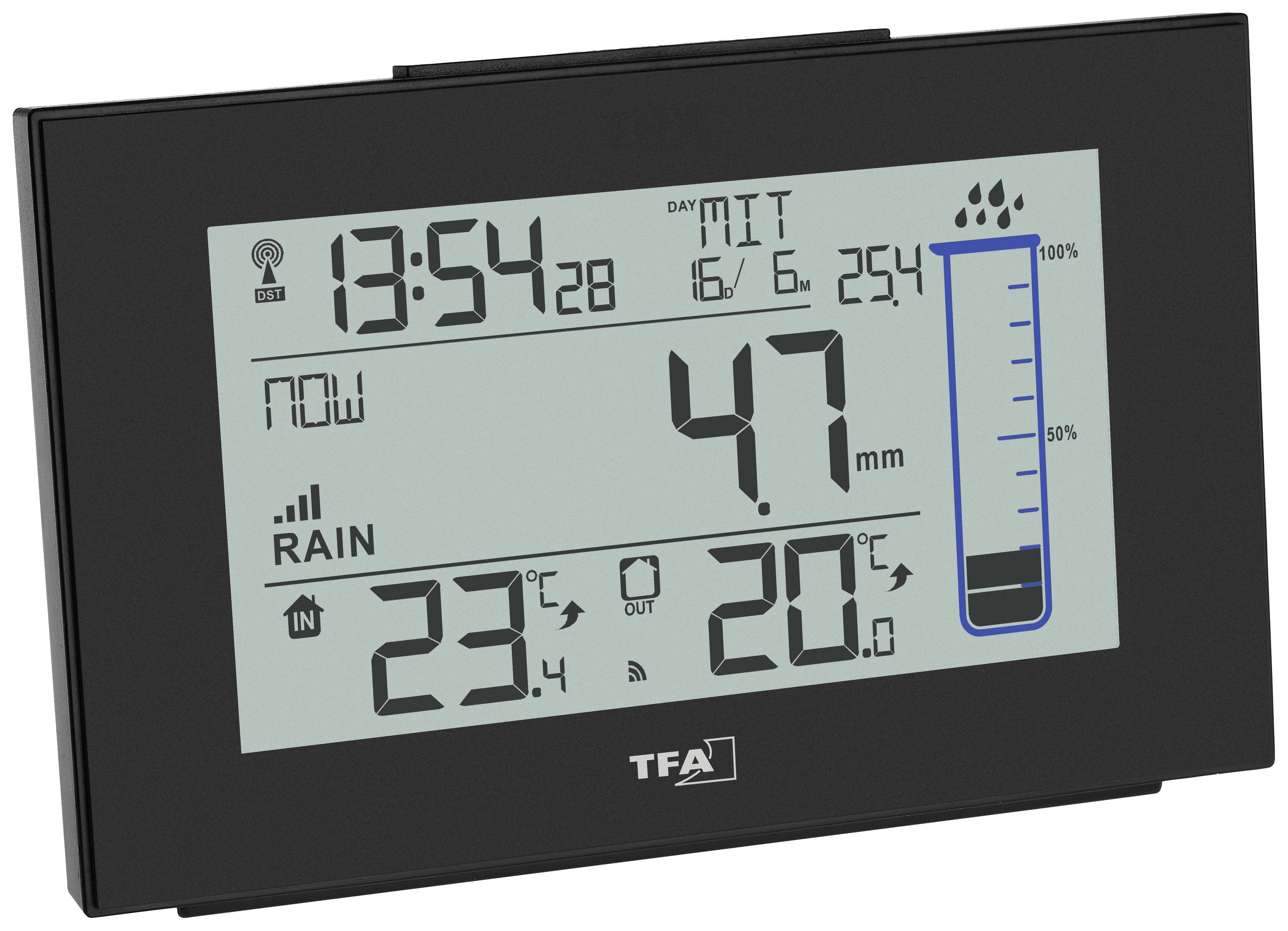 Digitalni zaslon vremenarske postaje, ki prikazuje datum, čas, količino padavin v milimetrih in temperaturo v stopinjah Celzija.