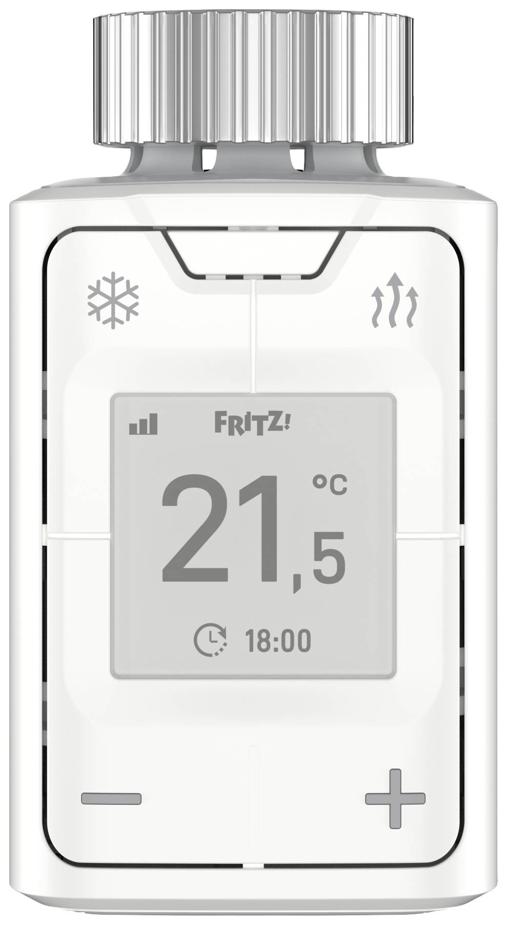 Bel termostat z digitalnim prikazom kaže '21,5 °C'. Zgoraj so vidni simboli za timer, ogrevanje in zmrzovanje.