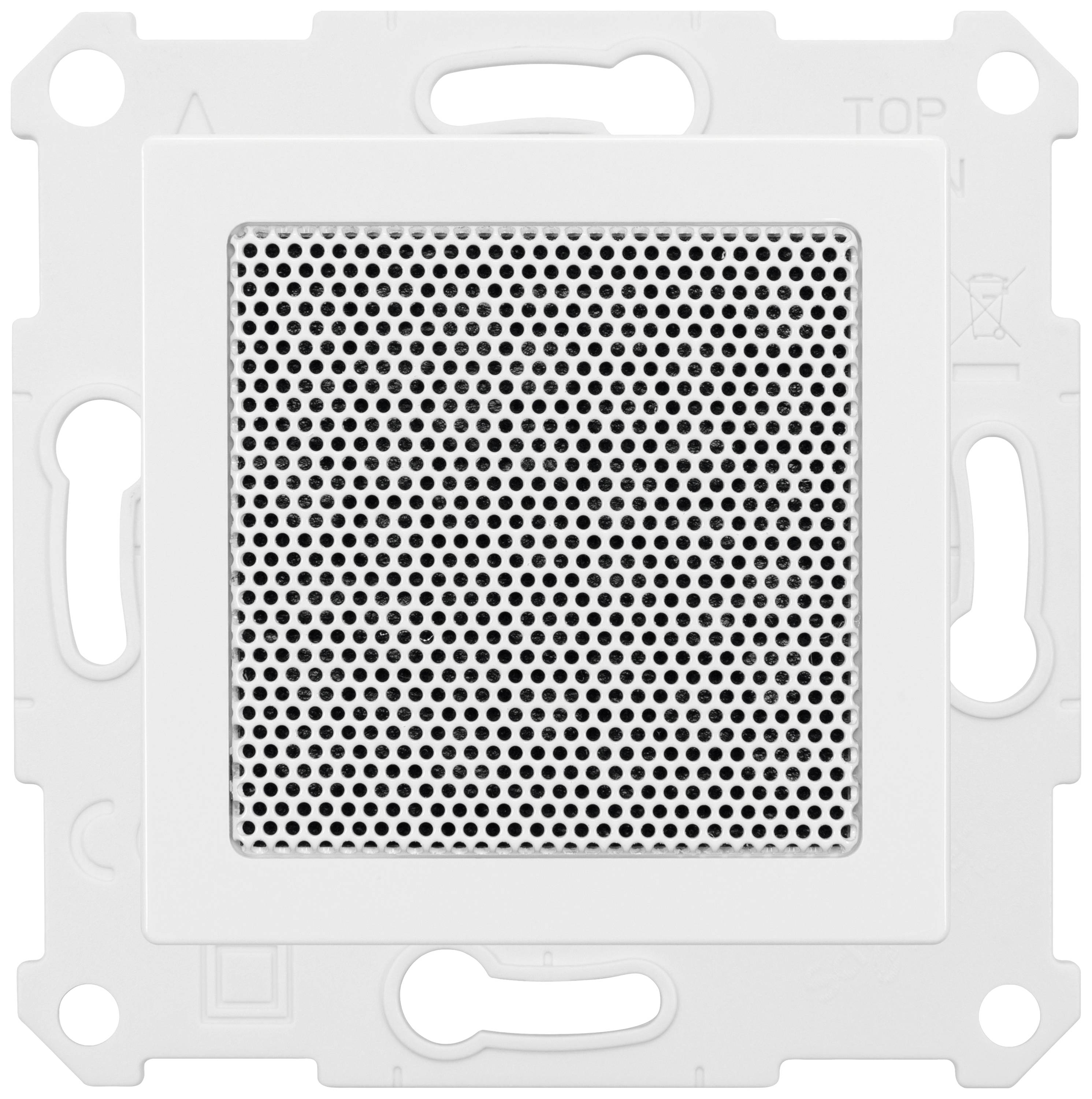 Bel kvadraten zvočnik z velikim številom majhnih lukenj v sredini, vgrajen v belo plastično ohišje.
