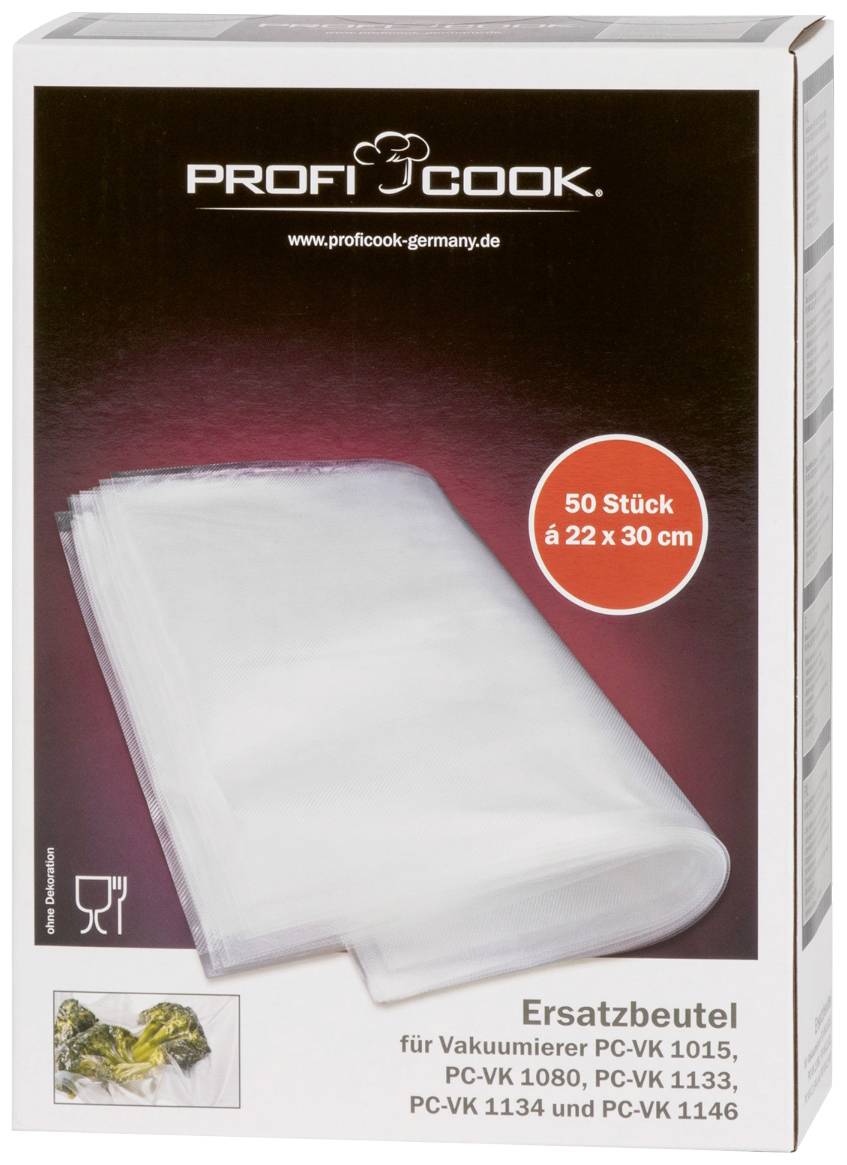 Nadomestni vrečki za vakuumiranje, 50 kosov, velikost 22 x 30 cm. Embalaža prikazuje vrečke in besedilo 'Profi Cook'. Primerno za modele PC-VK 1015, 1080, 1133, 1134, 1146.
