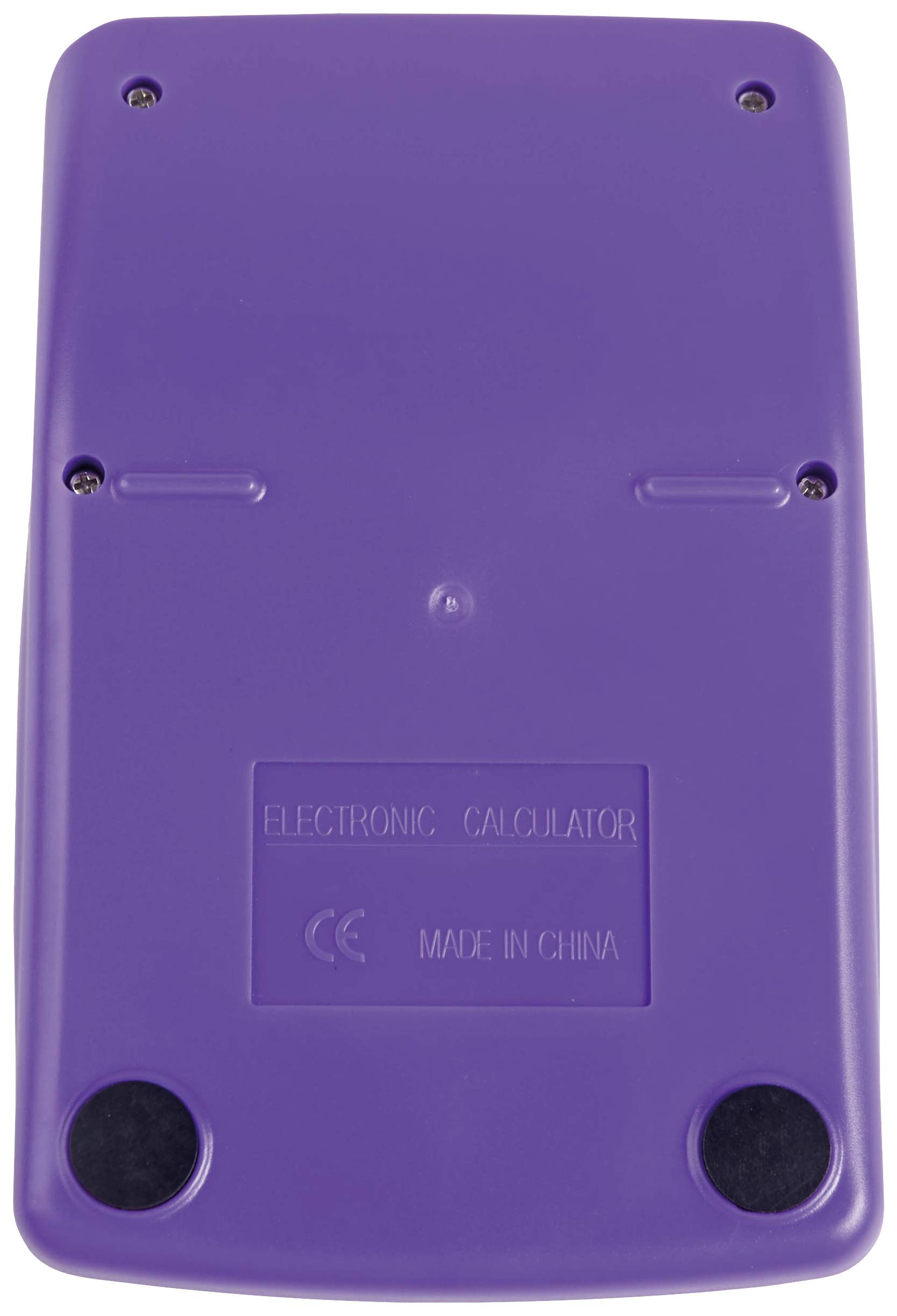 Vijolična zadnja stran elektronskega žepnega kalkulatorja z napisom 'Electronic Calculator' in 'Made in China'.