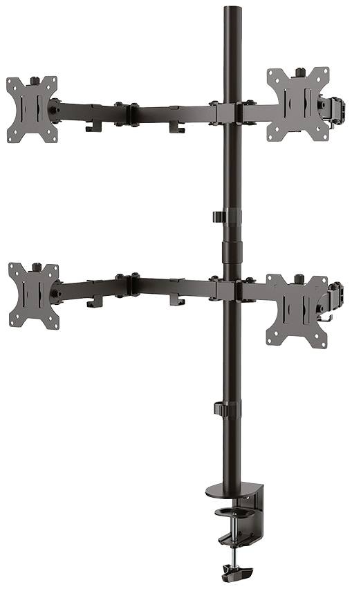 Štiri-vozlišni kovinski nosilec monitorjev za namestitev na mizo, nastavljiv po višini, dva horizontalna kraka z dvema nosilcema za monitor, primeren za pisarniško uporabo.