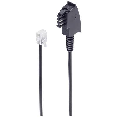 Črn telefonski priključni kabel z dvema vtičema, RJ11 vtičem in širšim, pod kotom upognjenim vtičem, na beli podlagi.