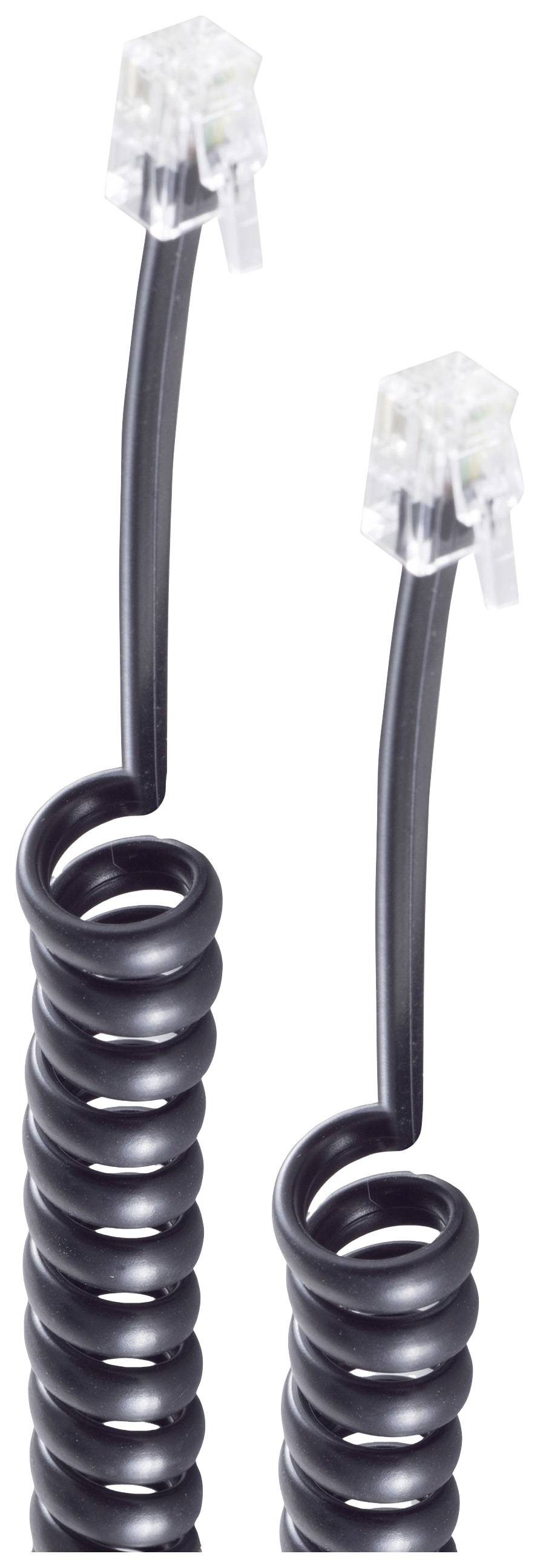 Črn, spiralast telefonski kabel z dvema prosojnima RJ11 vtičema na konceh, na beli podlagi.