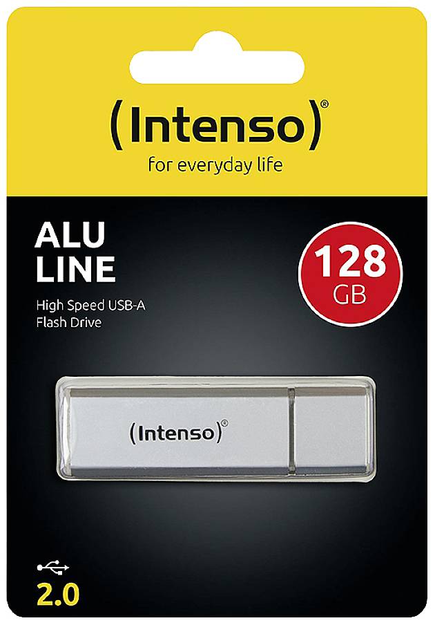 USB-ključek znamke Intenso, model 'ALU LINE', s 128 GB prostornino in priključkom USB-A, pred rumeno ozadjem.