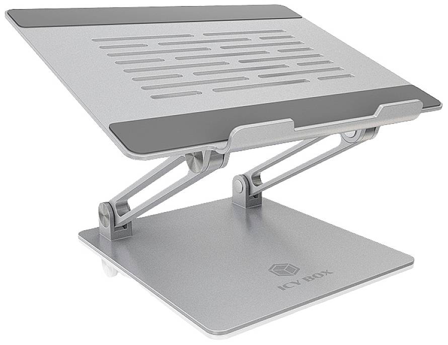 Nastavljiv prenosni stojala iz kovine z prezračevalnimi odprtinami in sivo oblikovno zasnovo, primeren za ergonomsko prilagajanje.
