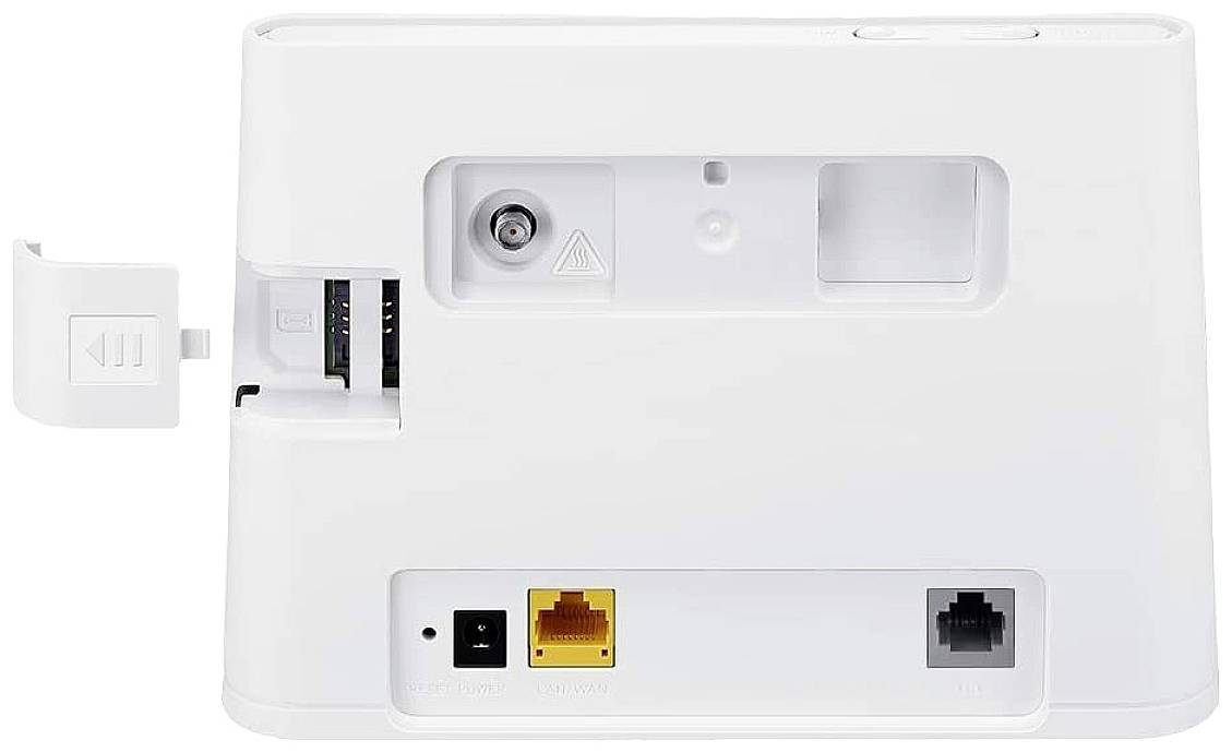 Zadnja stran belega modema z priključki za elektriko, ethernet in telefonski kabel, pri čemer je reža za SIM-kartico na levi strani odprta.