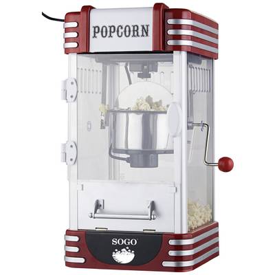 Retro stil popcorn stroj z rdečim ohišjem in prozornimi stenami. Zgoraj napis 'POPCORN', spodaj logotip blagovne znamke. Pokovka je vidna.