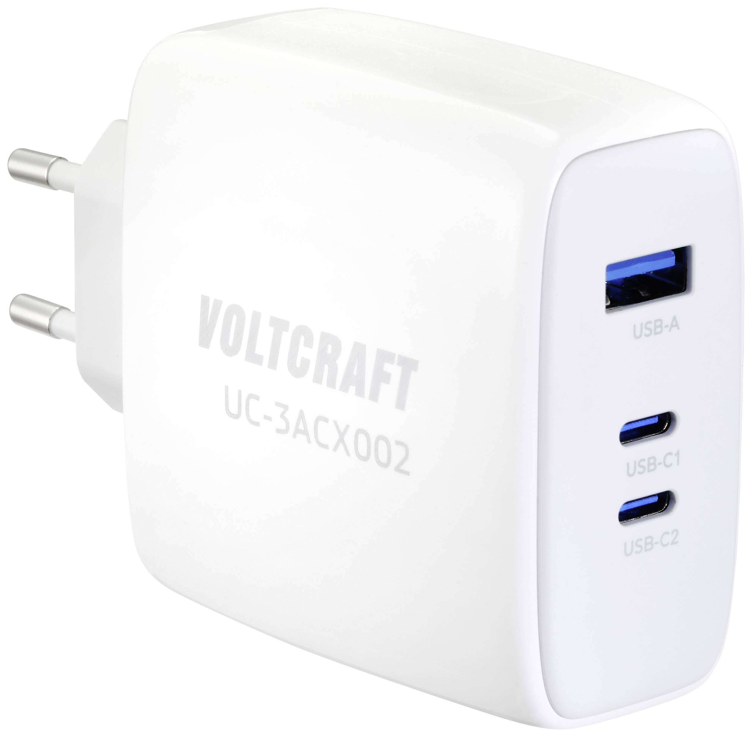 Bela polnilna naprava s tremi priključki: en USB-A in dva USB-C. Vidna je oznaka 'VOLTCRAFT UC-3ACX002'.