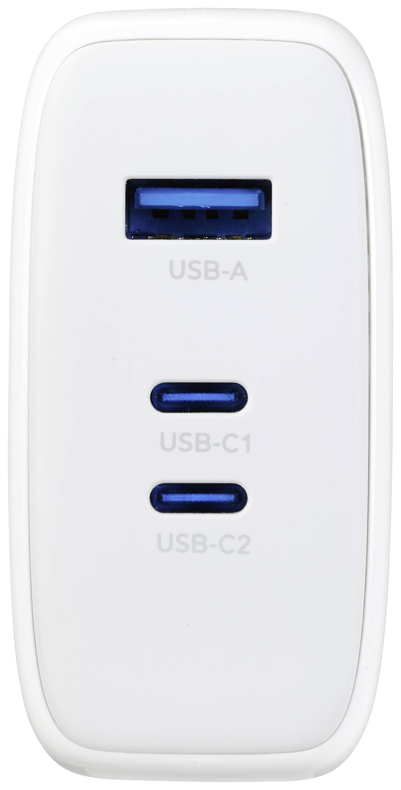 Polnilnik z USB-A in dvema USB-C priključkoma za večnamensko polnjenje naprav.