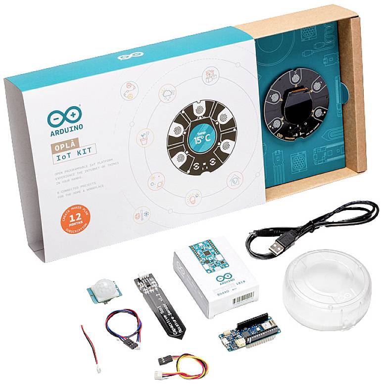 Arduino Oplà IoT komplet s senzorji, ploščo, ohišjem, kabli; primeren za projekte Interneta stvari. Vključuje temperaturni prikaz.