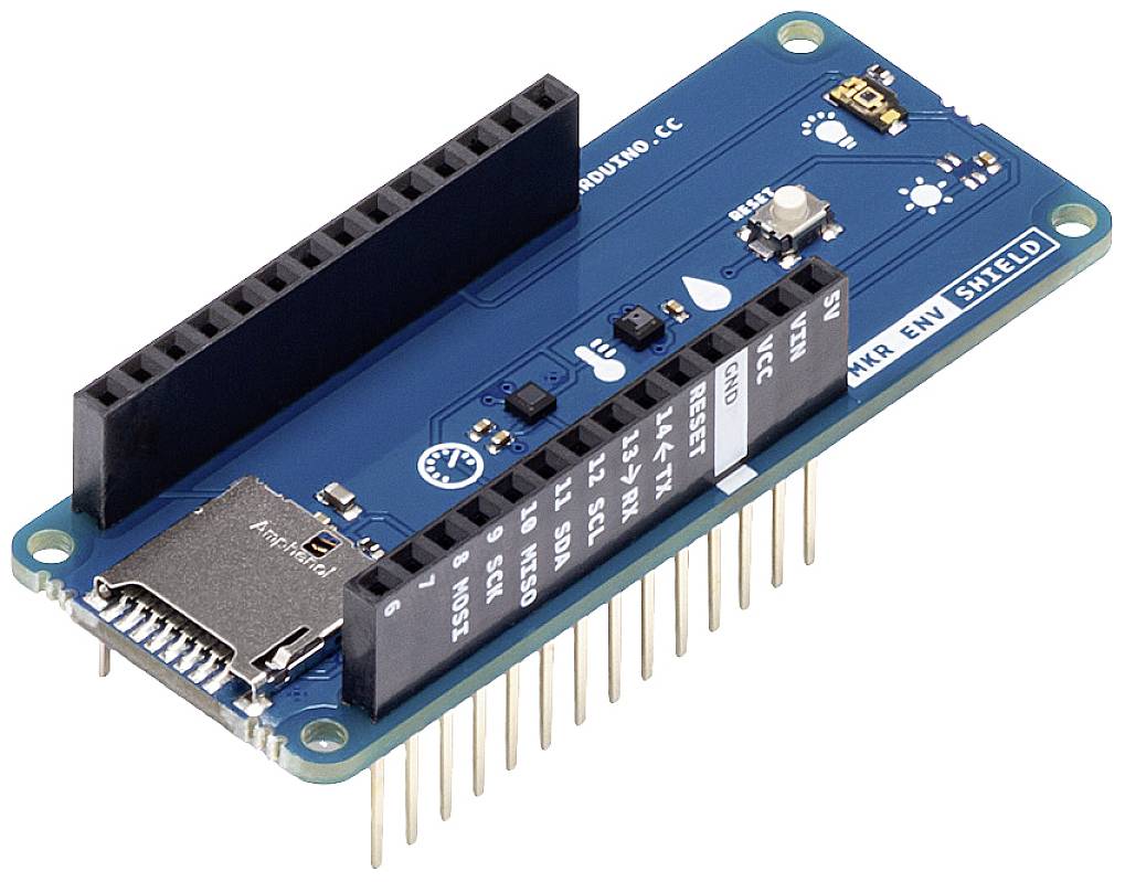 Modra Arduino plošča z več priključki in bralnikom microSD kartice, primerna za elektronske projekte.