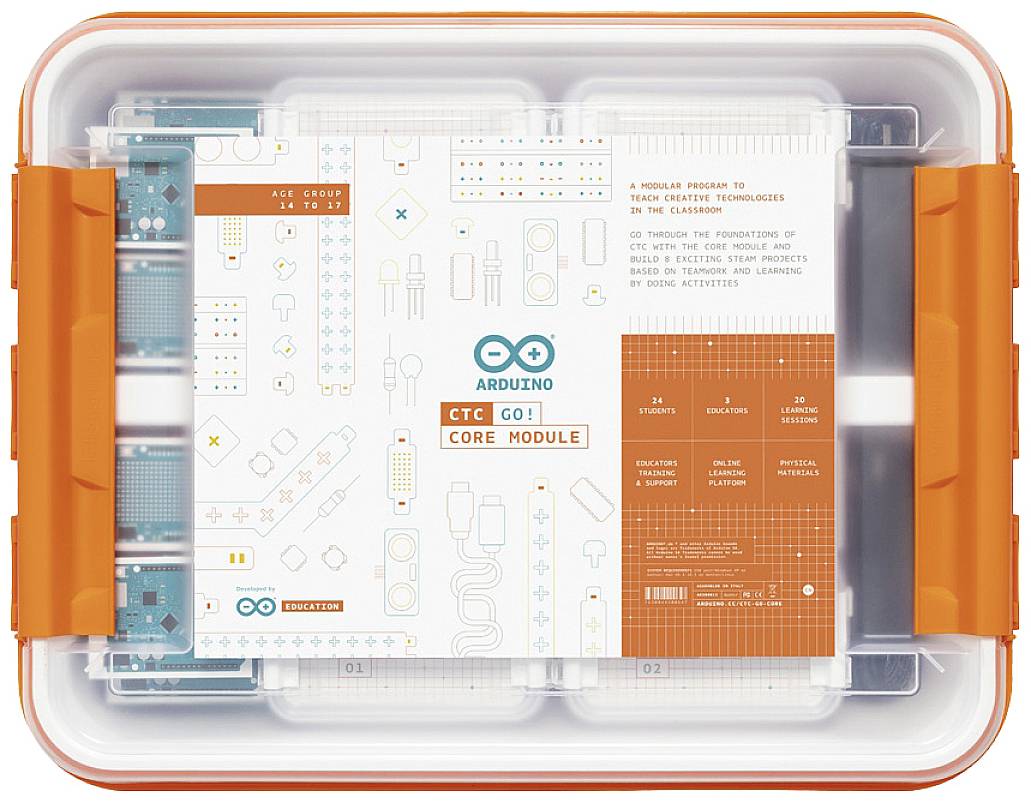 Arduino CTC GO! Osnovni modul: Učni komplet z elektronskimi komponentami v oranžni škatli, namenjen izobraževanju na tehnološkem področju.