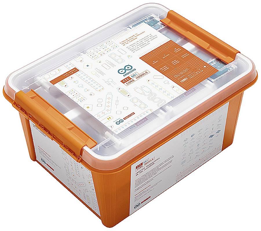 Oranžna shranjevalna posoda s prozornim pokrovom. Nalepka prikazuje vsebino: Arduino začetni komplet.