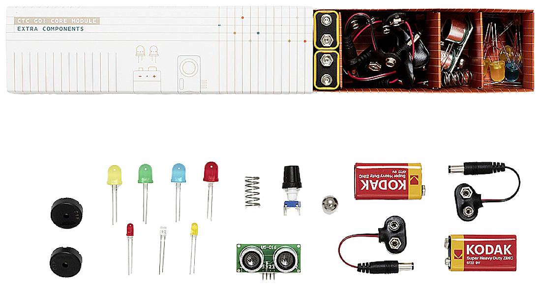 Elektronski komplet z LED-lučkami, baterijami, upori in različnimi komponentami za eksperimentiranje in učenje.