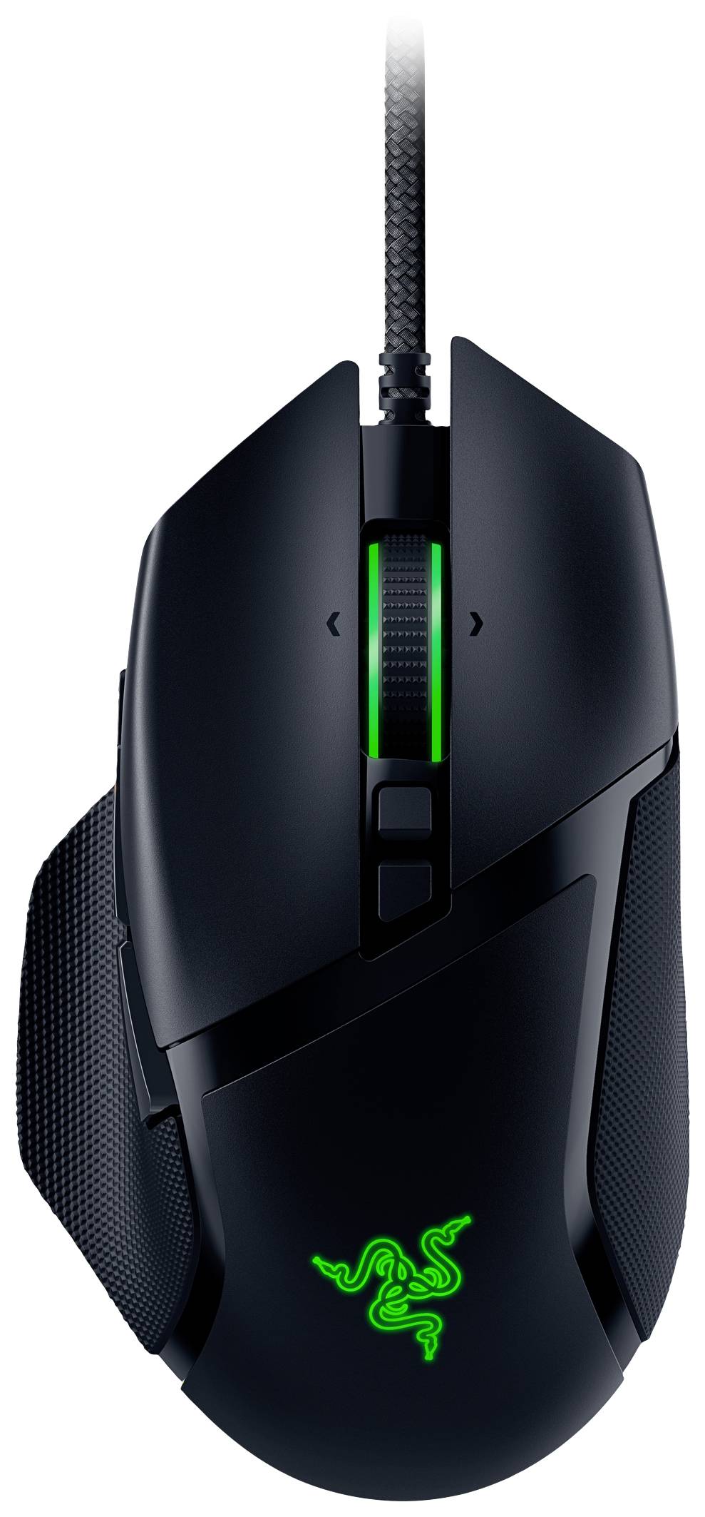 Črna gaming miška z zeleno osvetlitvijo in ergonomsko zasnovo, primerna za natančno igranje iger.