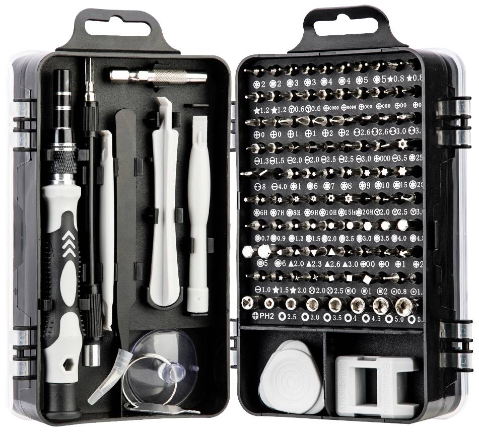 Ohišje z obsežnim kompletom izvijačev, ki vsebuje različne nastavke, pincete, vzvode in ročaj. Idealno za natančna popravila.