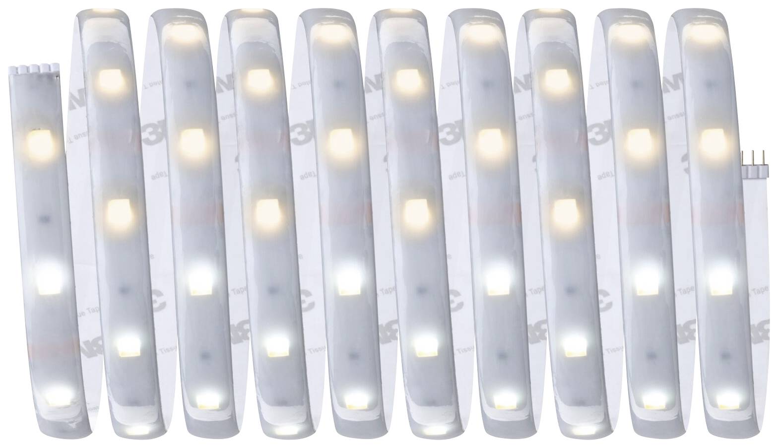 Enajst LED-svetlobnih trakov, enakomerno razporejenih eden poleg drugega, prikazuje različne odtenke bele.