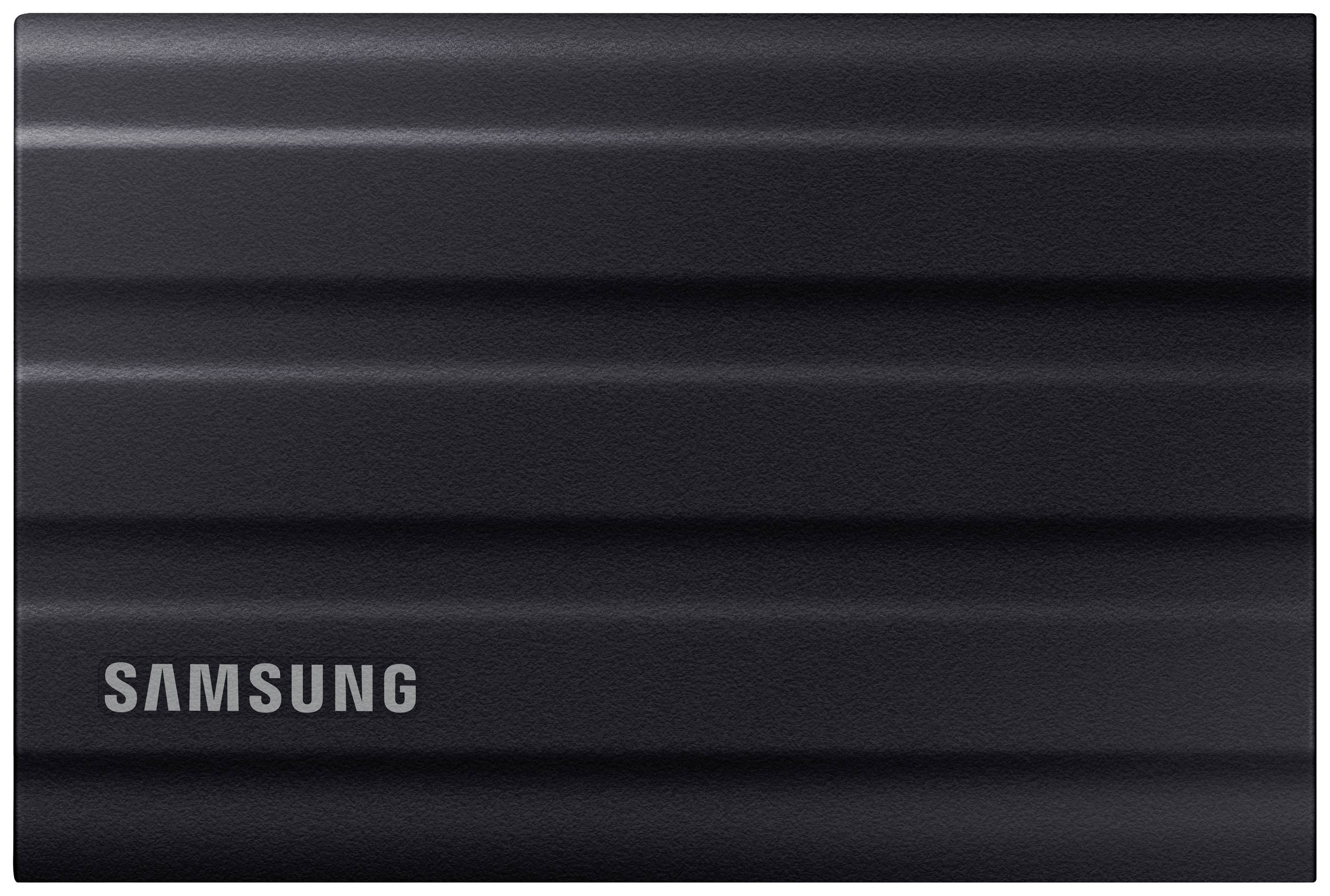 Zunanja črna Samsung SSD-enota z reliefno površino.