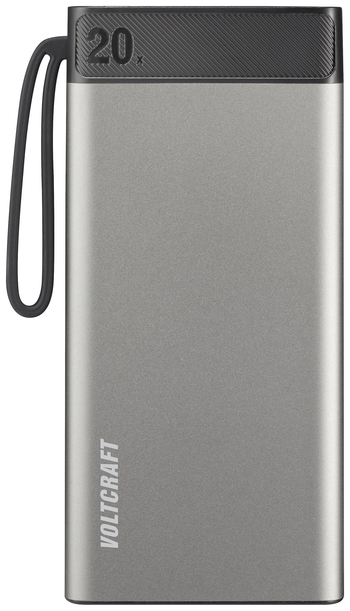 Powerbank VOLTCRAFT v sivi barvi z zmogljivostjo 20, črnim zgornjim delom in trakom za nošenje ob strani.