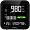 Digitalni zaslon prikazuje 980 ppm CO2, indikator 'DOBRO', temperaturo 25,6°C, čas 12:00 in vlažnost zraka 58%.